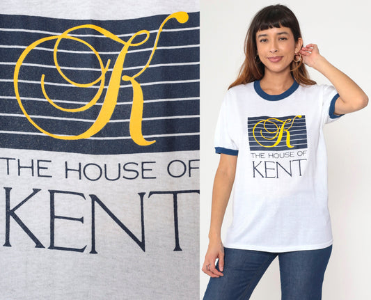 80s House of Kent Ringer Tee White Blue Trim Graphic T-Shirt Medium