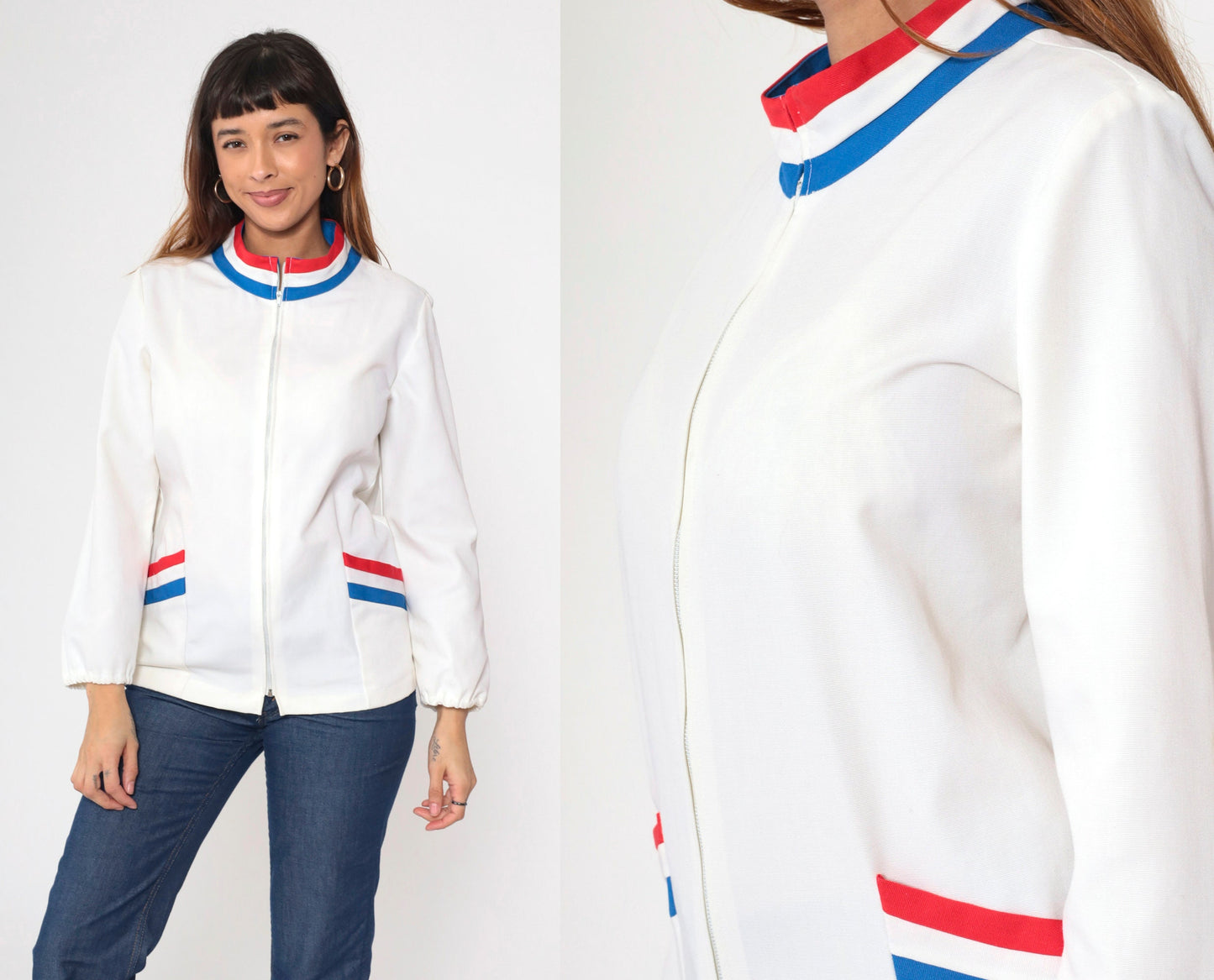 70s Striped Track Jacket White Red Blue Ringer Zip Up Mock Neck Small
