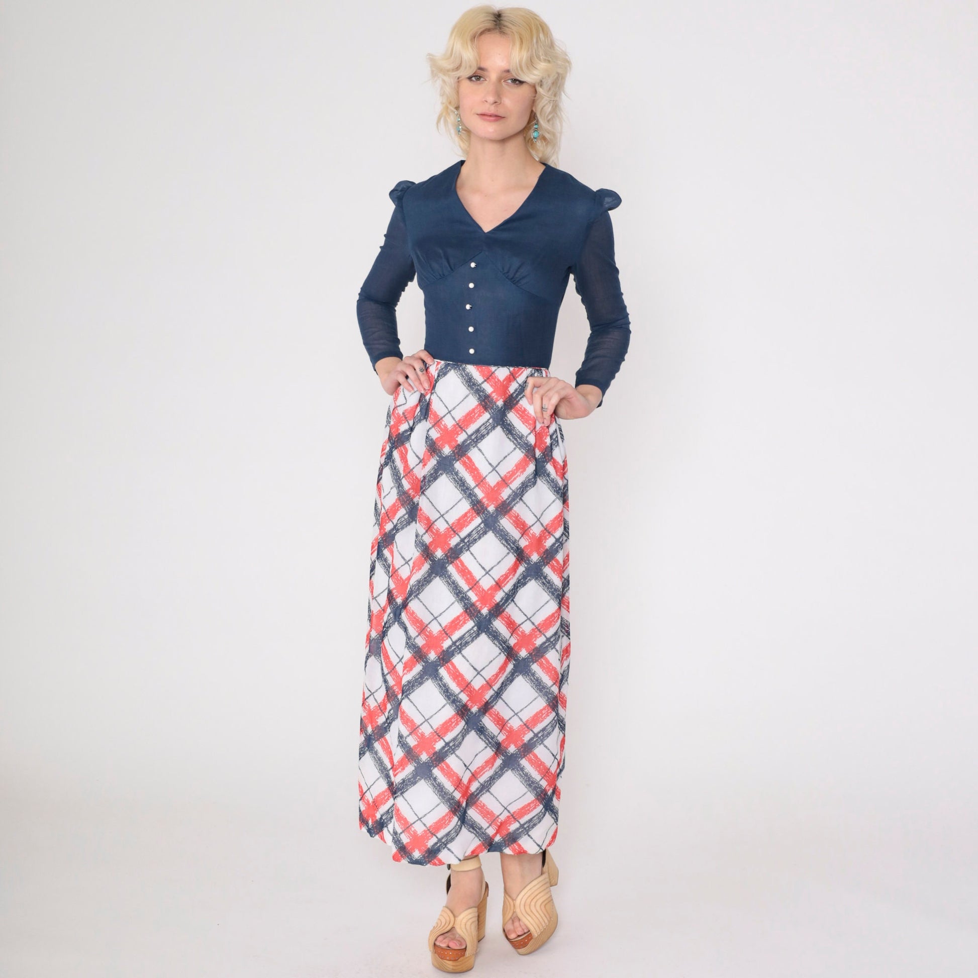 70s Checkered Maxi Dress Puff Sleeve High Waist Dark Blue Red White XXS