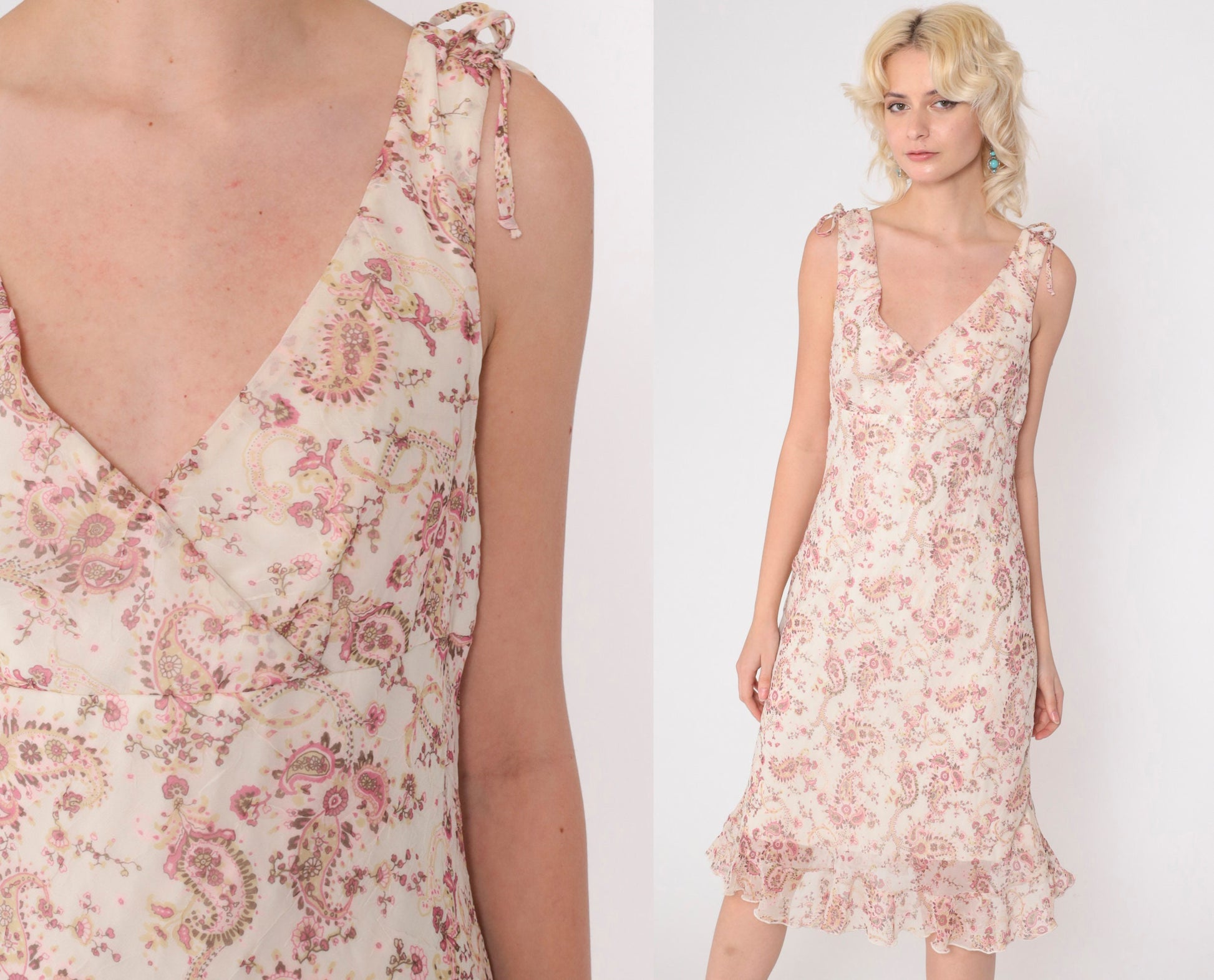 Y2K Paisley Chiffon Midi Dress Off-White Pink Empire Waist Surplice Medium