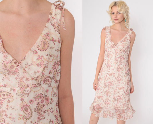 Y2K Paisley Chiffon Midi Dress Off-White Pink Empire Waist Surplice Medium