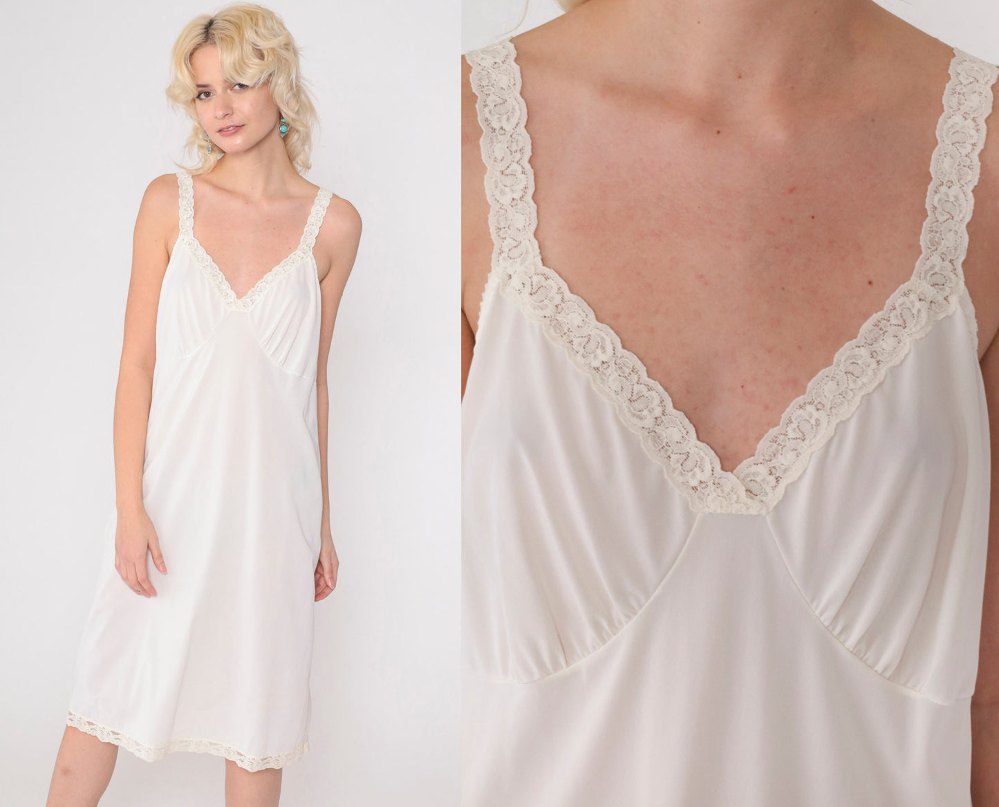 80s White Slip Dress Lace Trim Empire Waist Knee Length Large