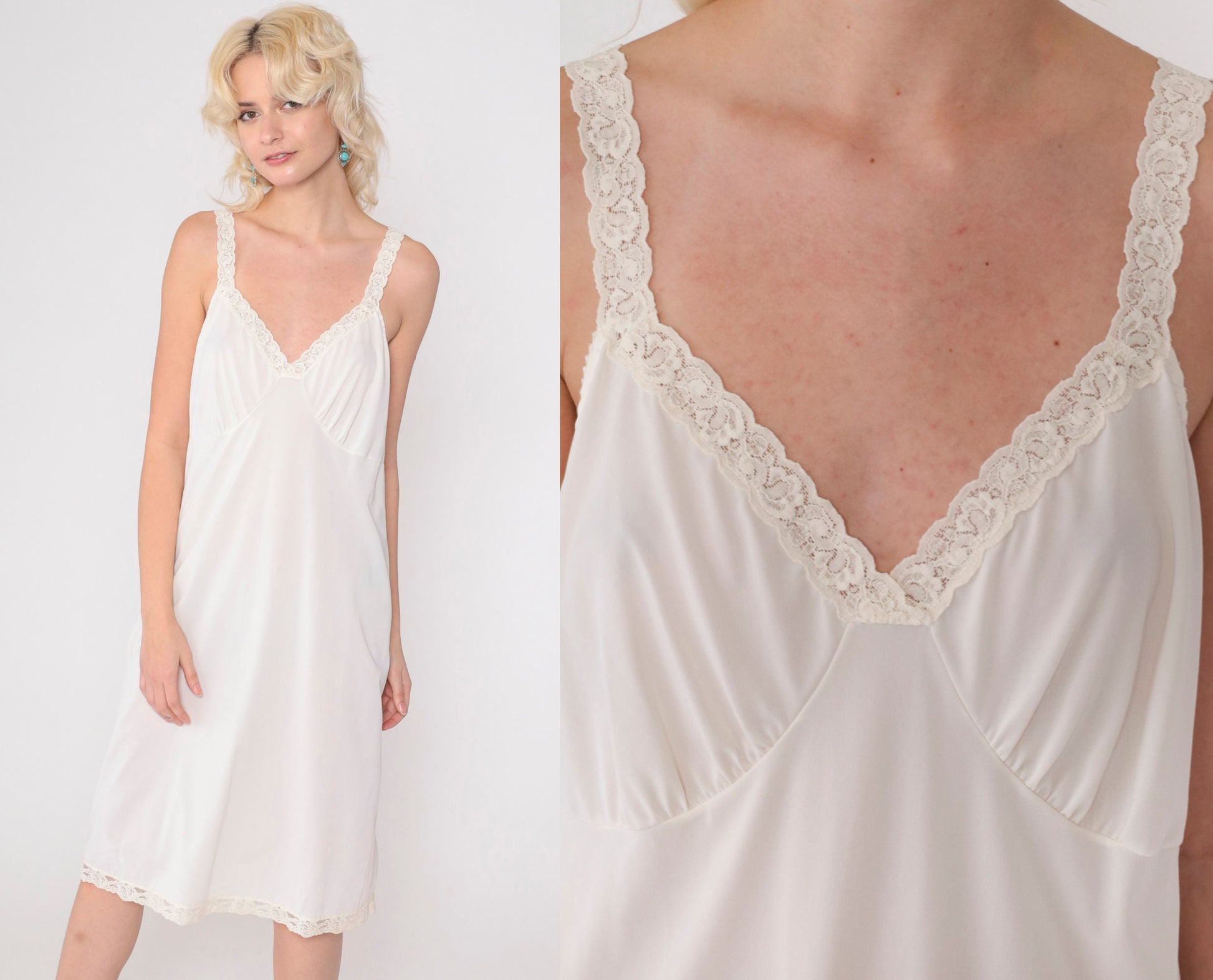 80s White Slip Dress Lace Trim Empire Waist Knee Length Large