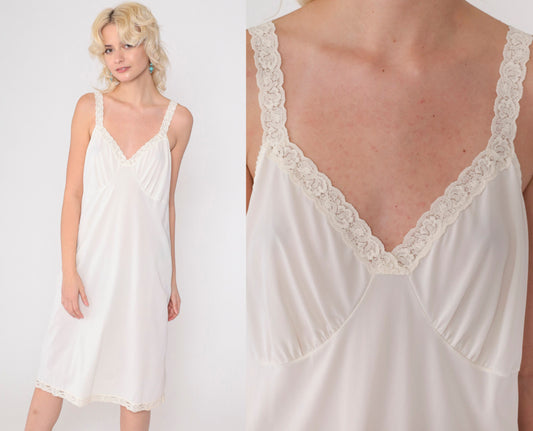 80s White Slip Dress Lace Trim Empire Waist Knee Length Large