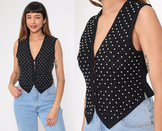 90s Kenar Petites Black Pearl Beaded Vest Lattice Cutout Small