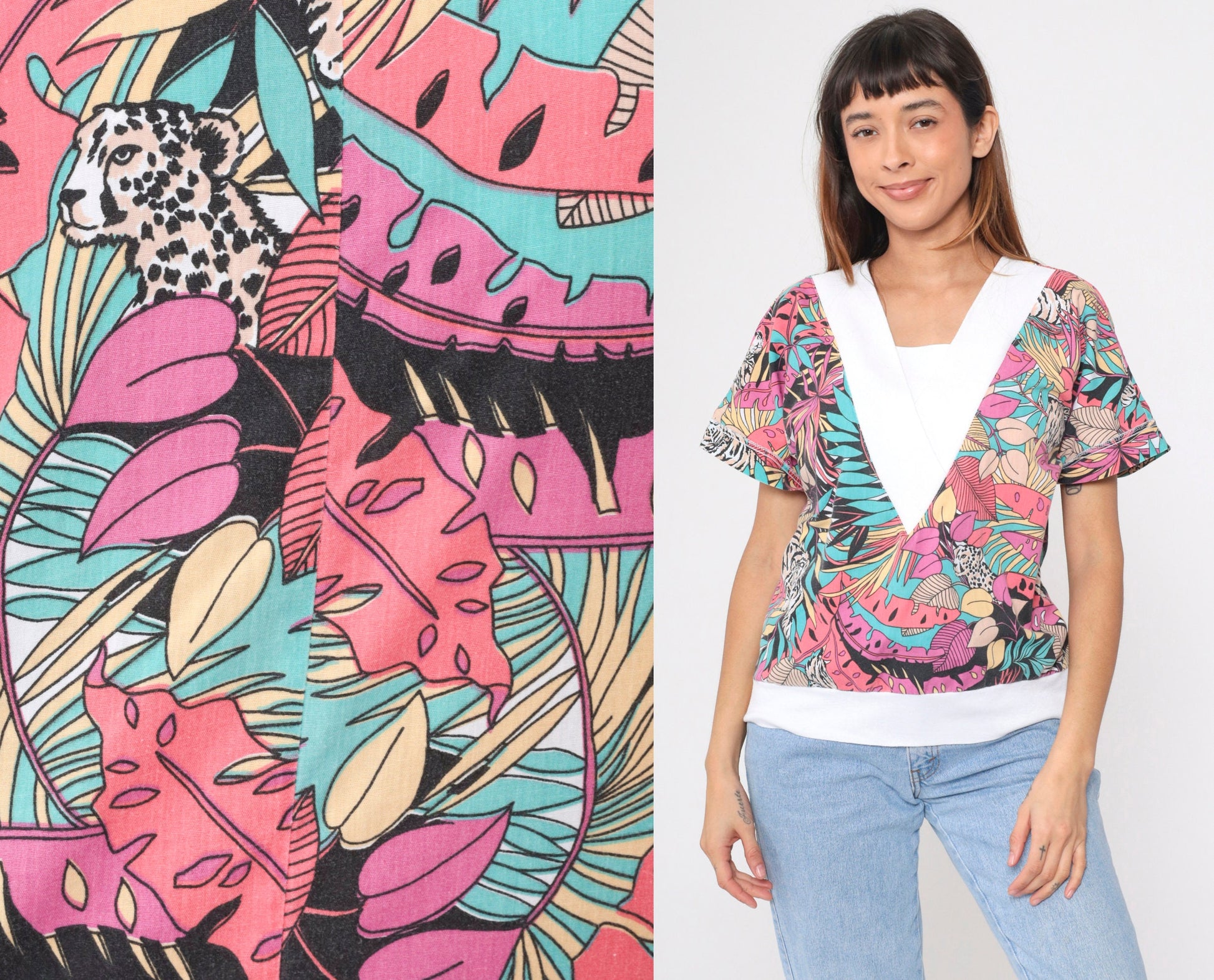 80s Jungle Animal Print V-Neck Shirt Tiger Leopard Safari Top Medium