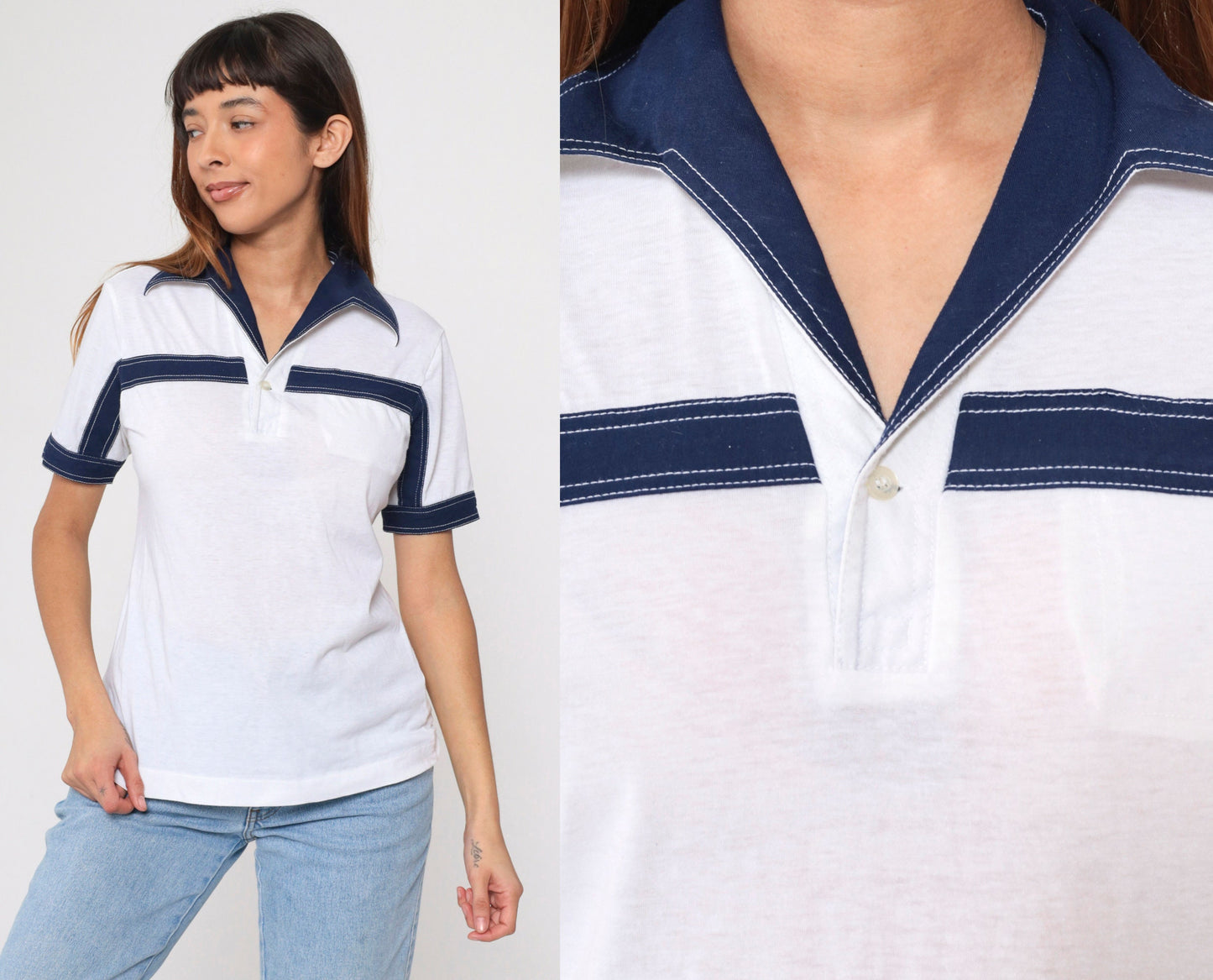 70s Striped Polo Shirt White Navy Blue Dagger Collar Short Sleeve Small