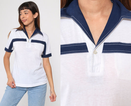 70s Striped Polo Shirt White Navy Blue Dagger Collar Short Sleeve Small