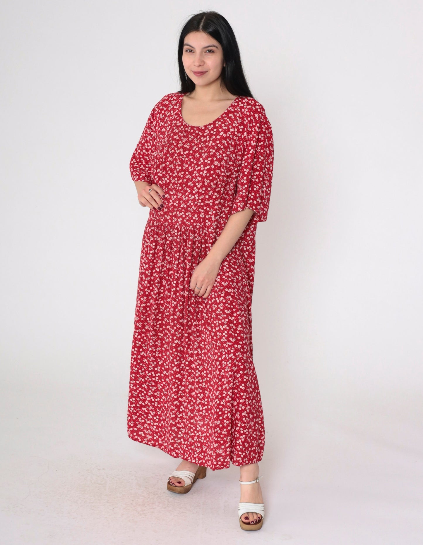 90s More Jazz Red Floral Maxi Dress Puff Sleeve Plus Size XXL