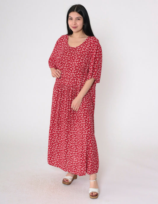 90s More Jazz Red Floral Maxi Dress Puff Sleeve Plus Size XXL