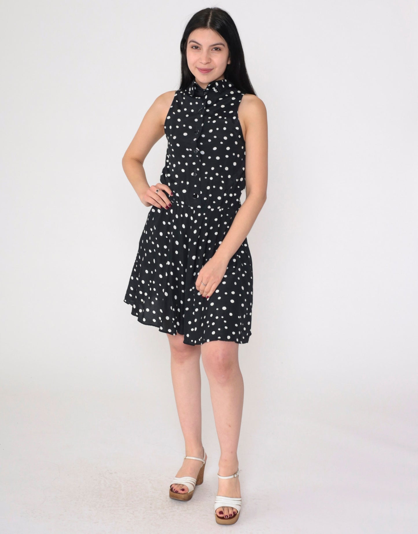 90s Ed Michaels Polka Dot Mini Dress Black White Collared Sleeveless Extra Small