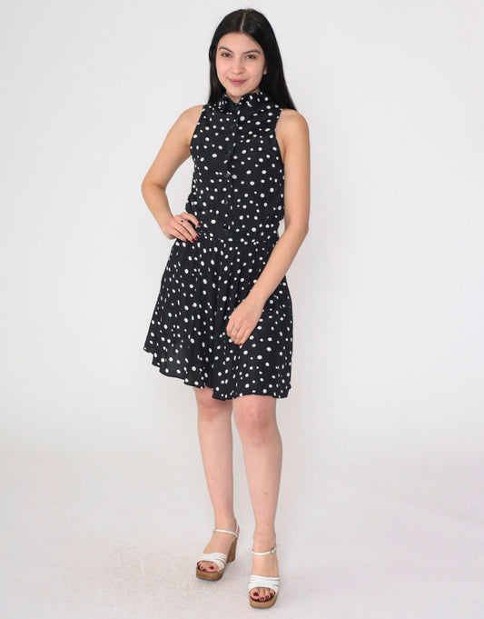 90s Ed Michaels Polka Dot Mini Dress Black White Collared Sleeveless Extra Small
