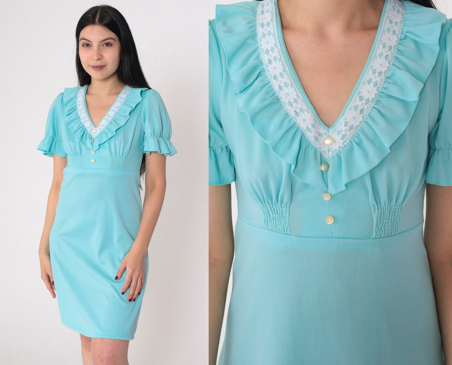 70s Blue Babydoll Mini Dress Empire Waist Puff Sleeve Lace Trim Small