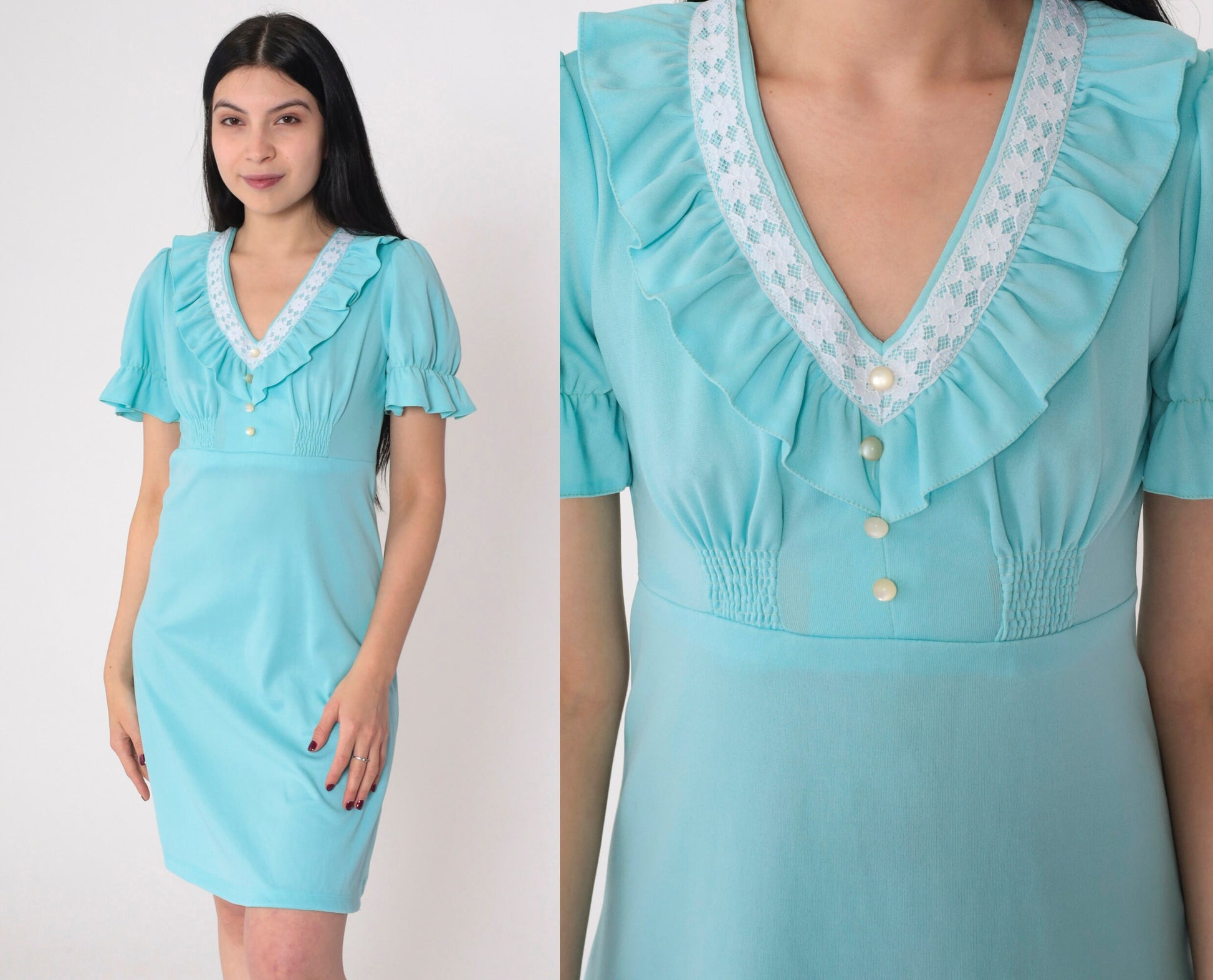 70s Blue Babydoll Mini Dress Empire Waist Puff Sleeve Lace Trim Small