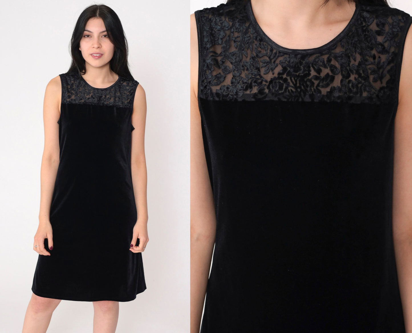 00s Black Velvet Mini Dress Y2K Floral Burnout Sleeveless Shift Large L