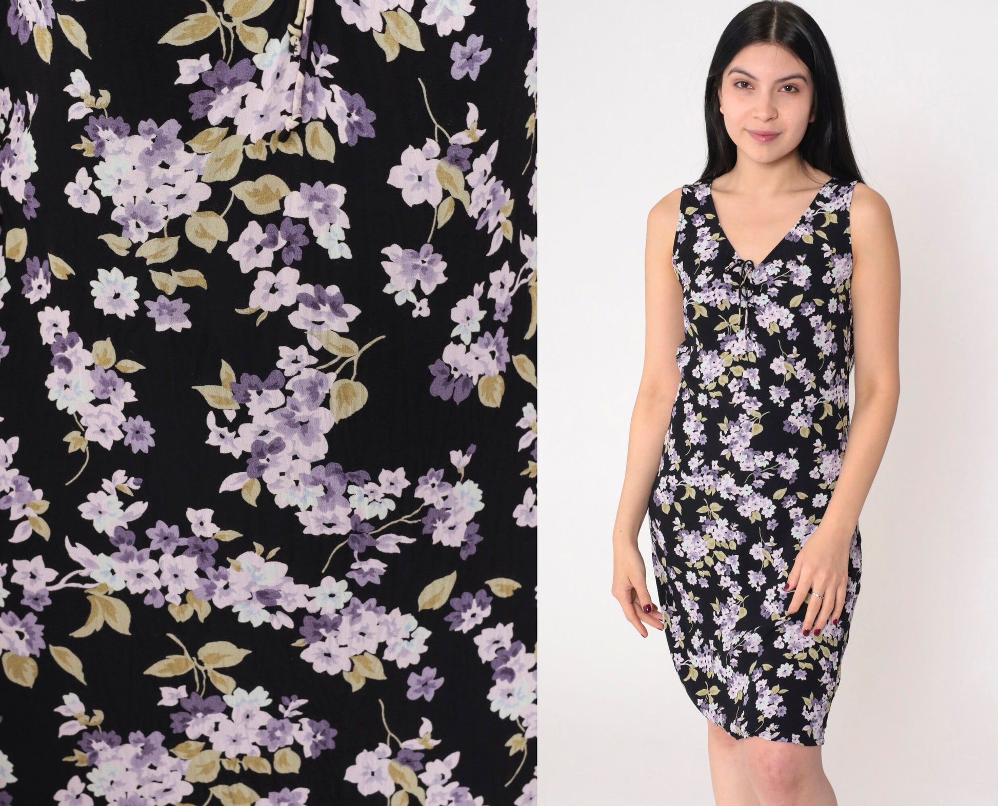 Y2K Gap Black Floral Mini Dress Lilac Print V-Neck Sleeveless Extra Small
