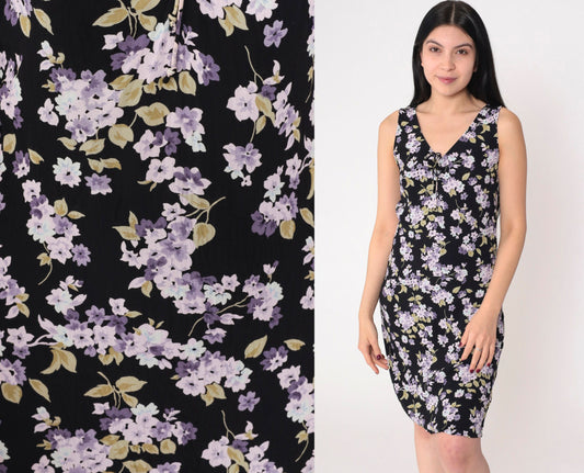 Y2K Gap Black Floral Mini Dress Lilac Print V-Neck Sleeveless Extra Small