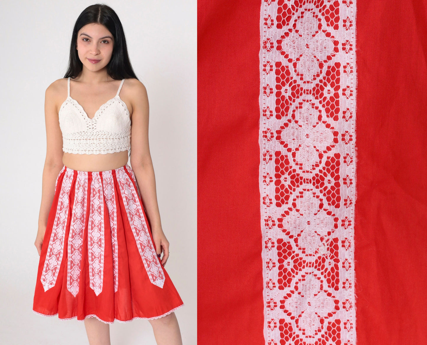 80s Red Lace Trim Mini Skirt White Floral High Waist Extra Small