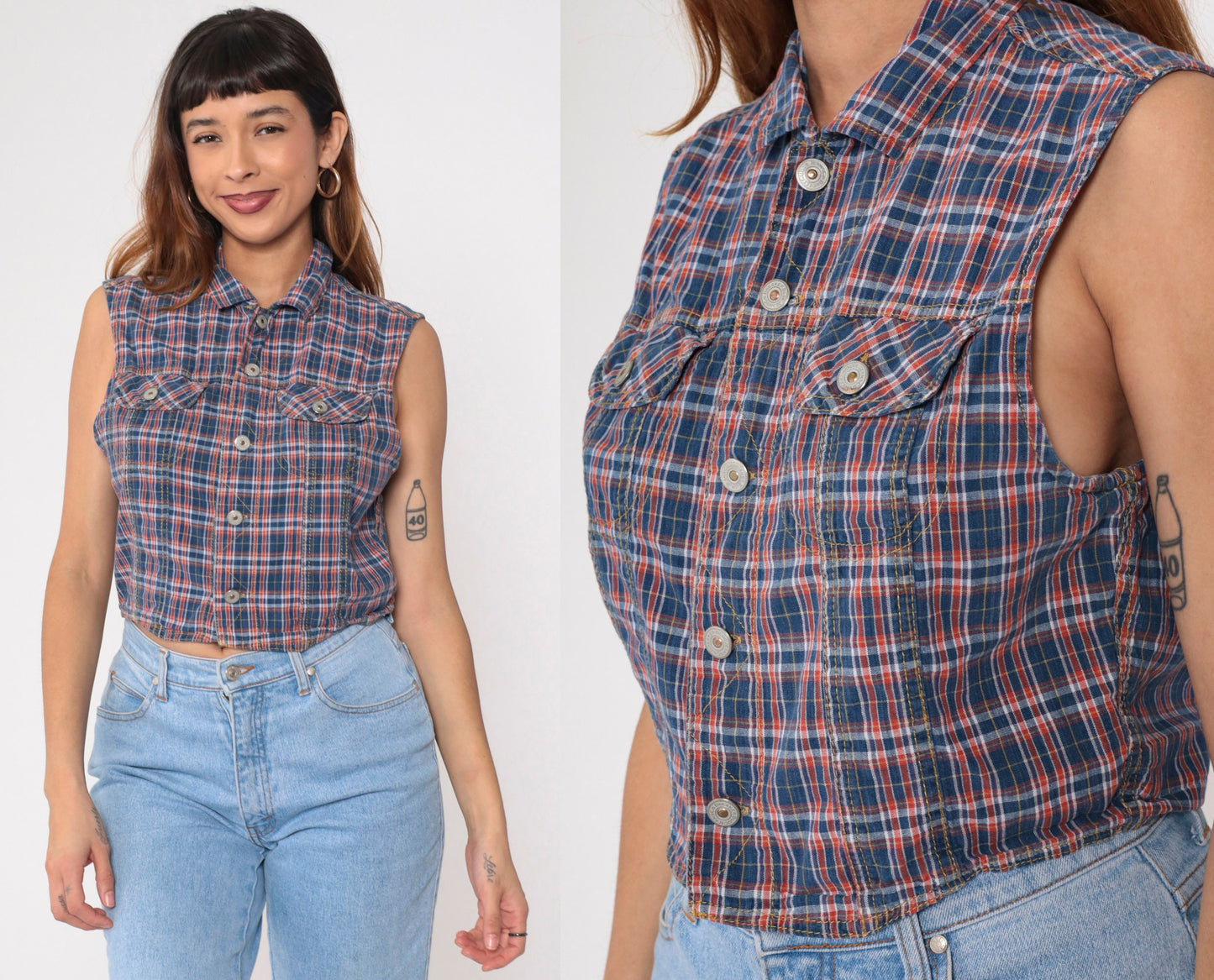 90s Plaid Button-Up Tank Top Blue Orange Checkered Cotton Medium