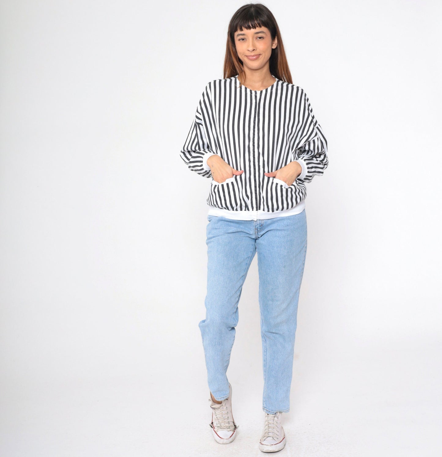 80s Black White Striped Cotton Shacket Hidden Snap Jacket Medium