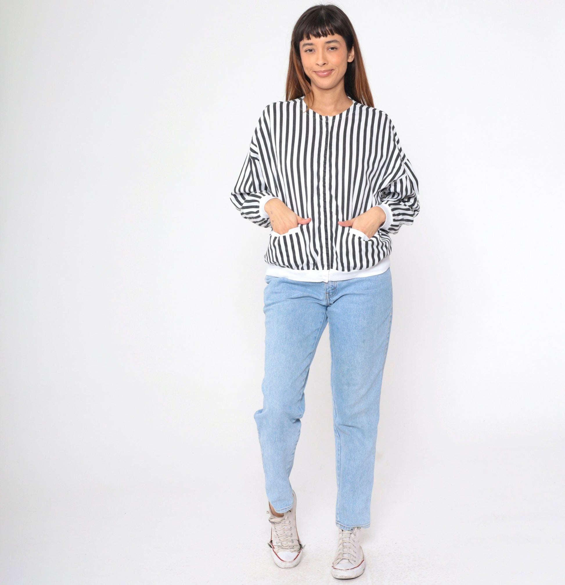 80s Black White Striped Cotton Shacket Hidden Snap Jacket Medium