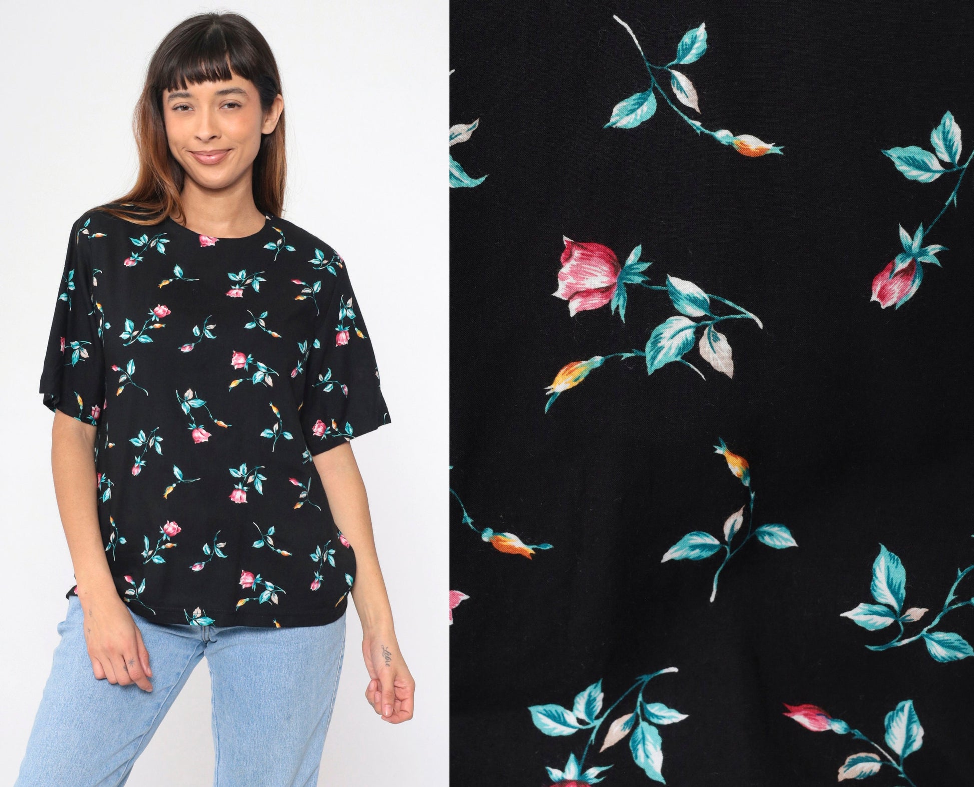 90s Black Floral Rayon Blouse Short Sleeve Rose Print Shirt Medium