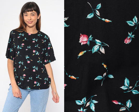 90s Black Floral Rayon Blouse Short Sleeve Rose Print Shirt Medium