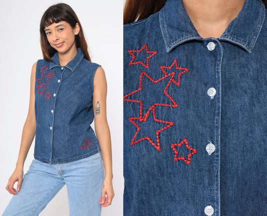 90s Denim Star Embroidered Sleeveless Button Up Blouse Blue Red Medium