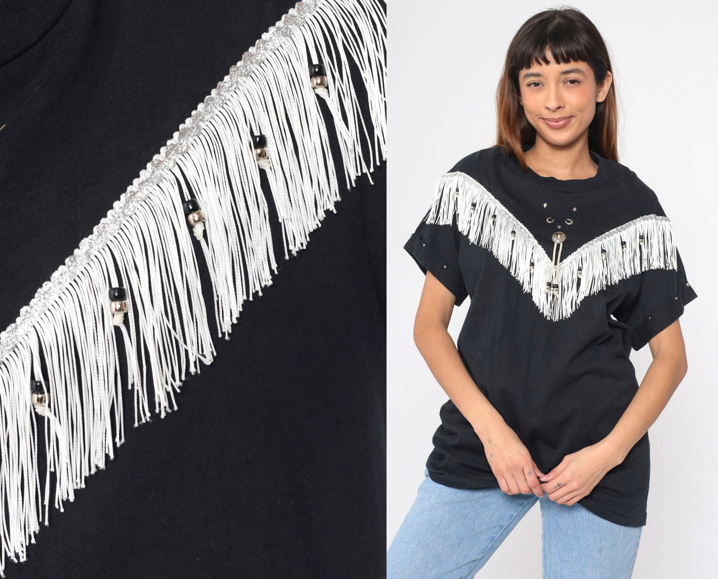 90s Southwest Fringe T-Shirt Black Studded Horseshoe Concho Cotton Medium
