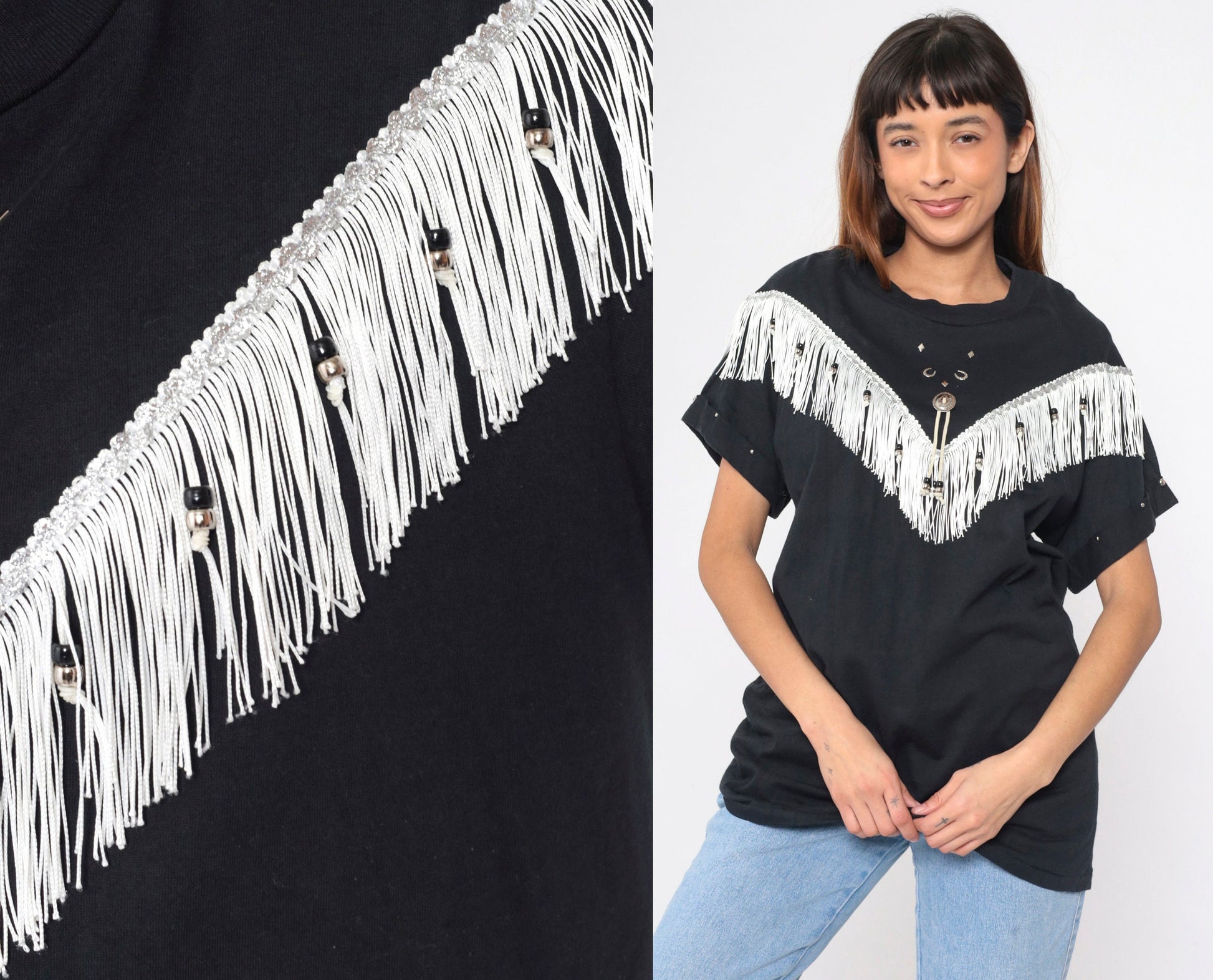 90s Southwest Fringe T-Shirt Black Studded Horseshoe Concho Cotton Medium