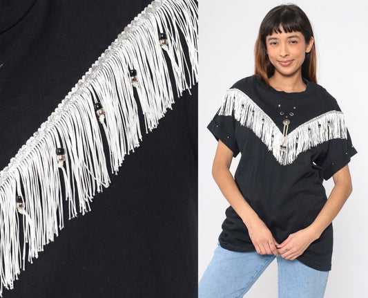 90s Southwest Fringe T-Shirt Black Studded Horseshoe Concho Cotton Medium