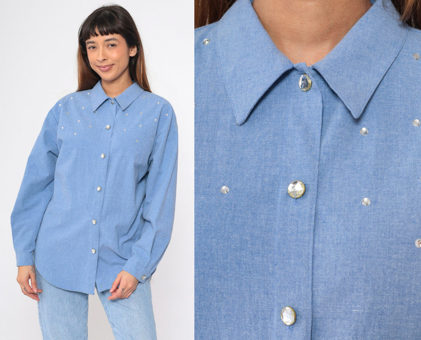 90s Blue Chambray Blouse Rhinestone Studs Long Sleeve Collared Shirt Large