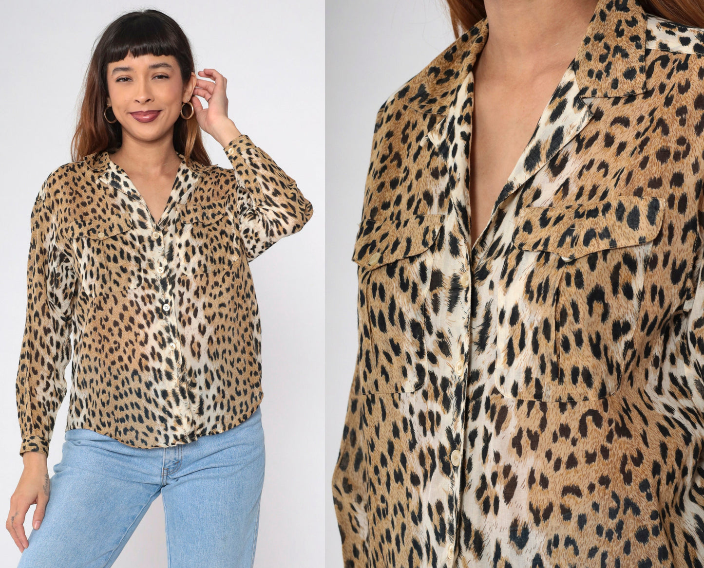 90s Liz Sport Leopard Print Button Up Blouse Long Sleeve Cotton Small Petite