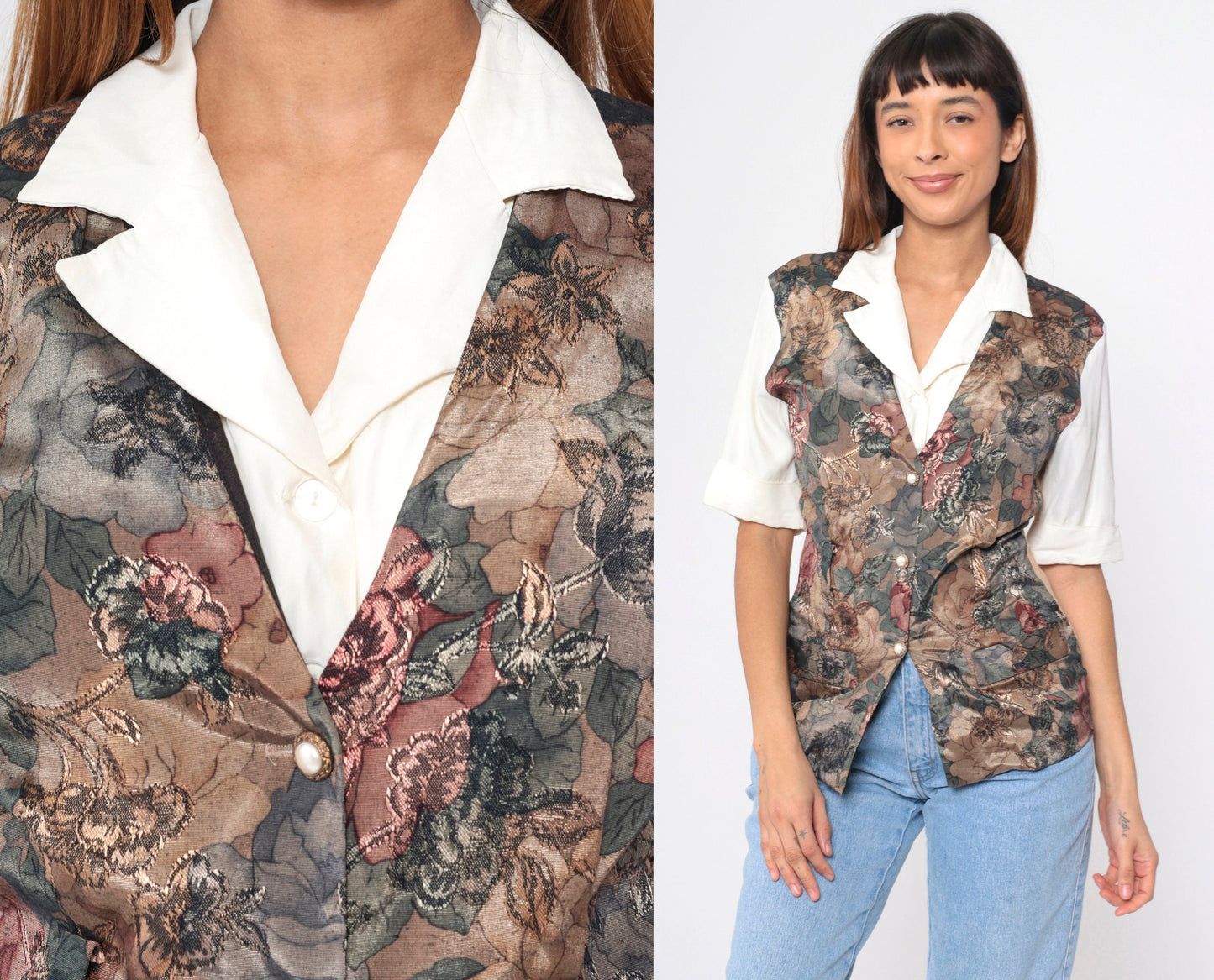 90s Victoria Ashley Floral Vest Blouse White Button Up Short Sleeve Small