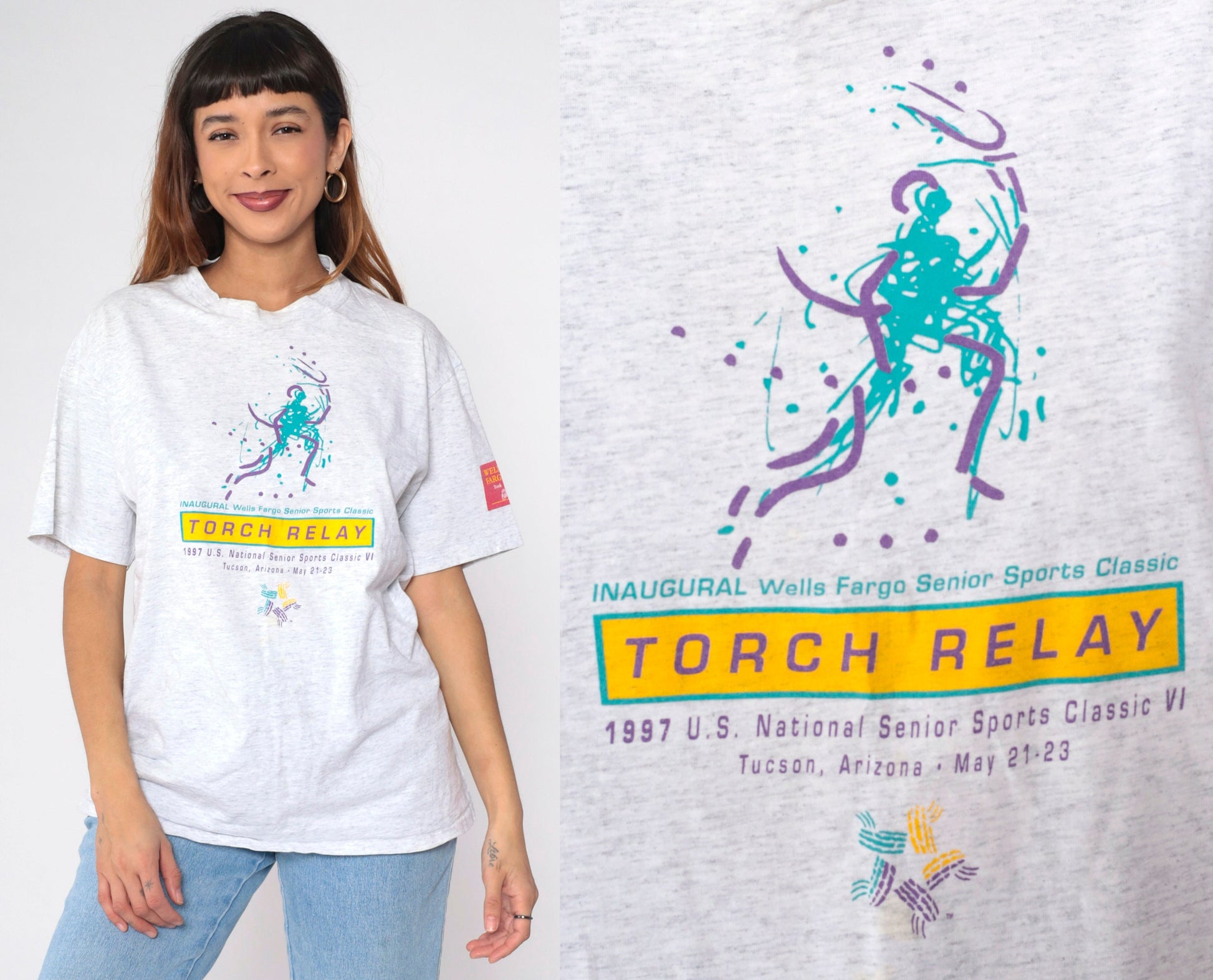 1997 National Senior Sports Classic VI Wells Fargo Torch Relay Graphic Tee Heather Grey Large