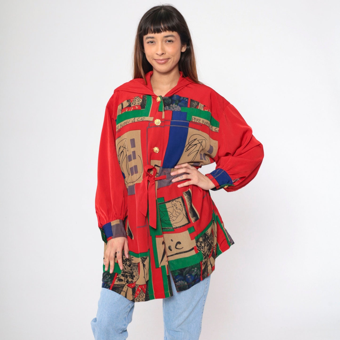 90s Picasso Barcelona Art Hooded Jacket Red Button-Up Drawstring Waist Large L