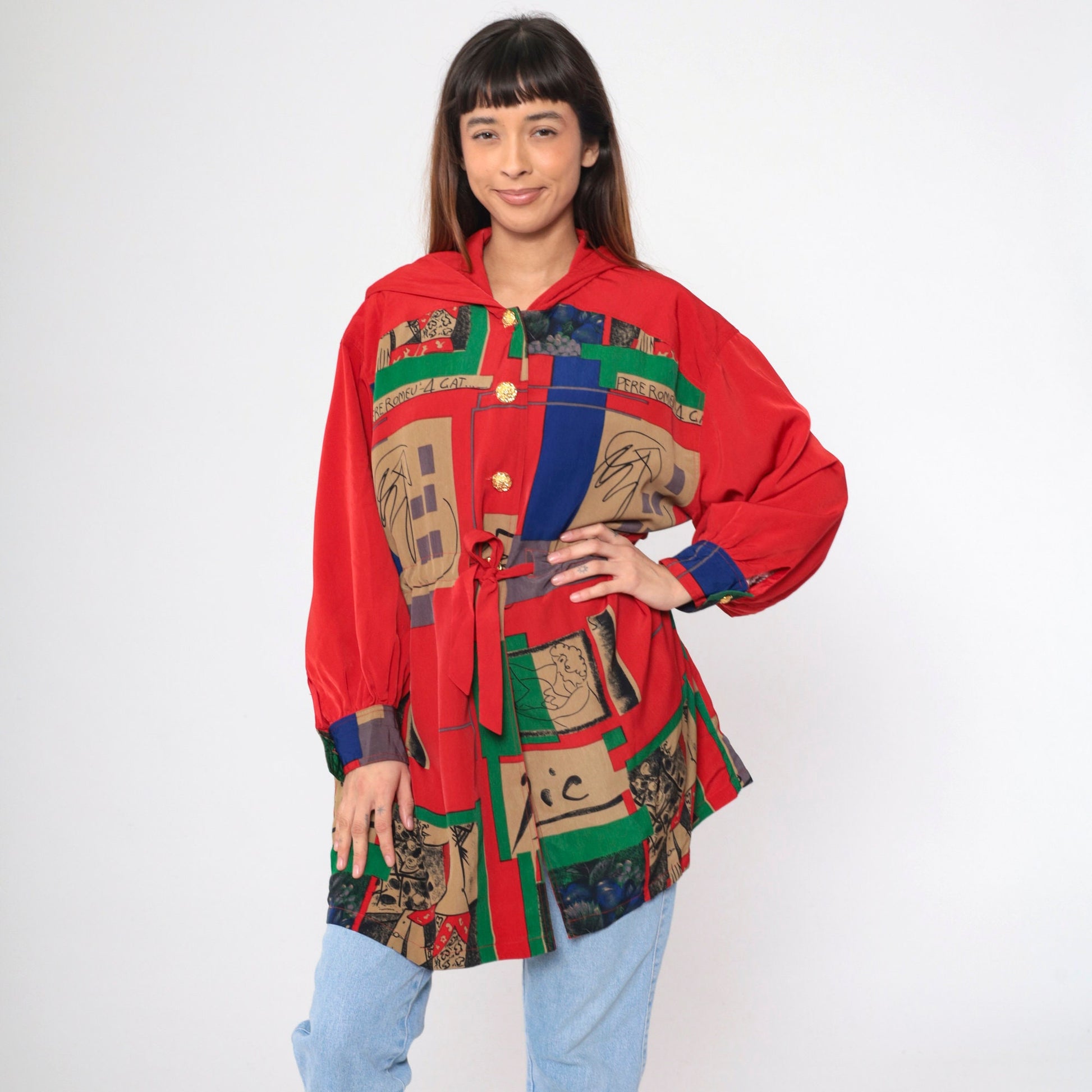 90s Picasso Barcelona Art Hooded Jacket Red Button-Up Drawstring Waist Large L