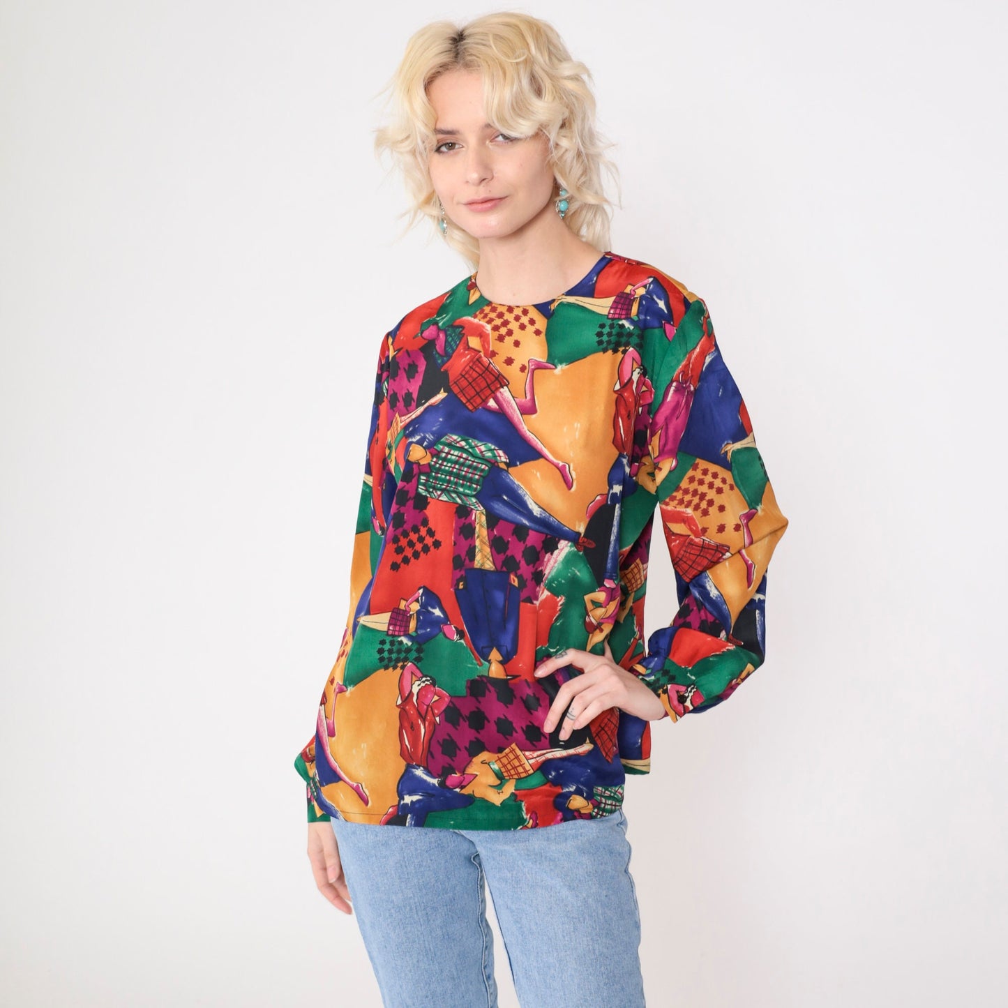 90s Checkered Runway Model Print Blouse Multicolor Long Sleeve Large
