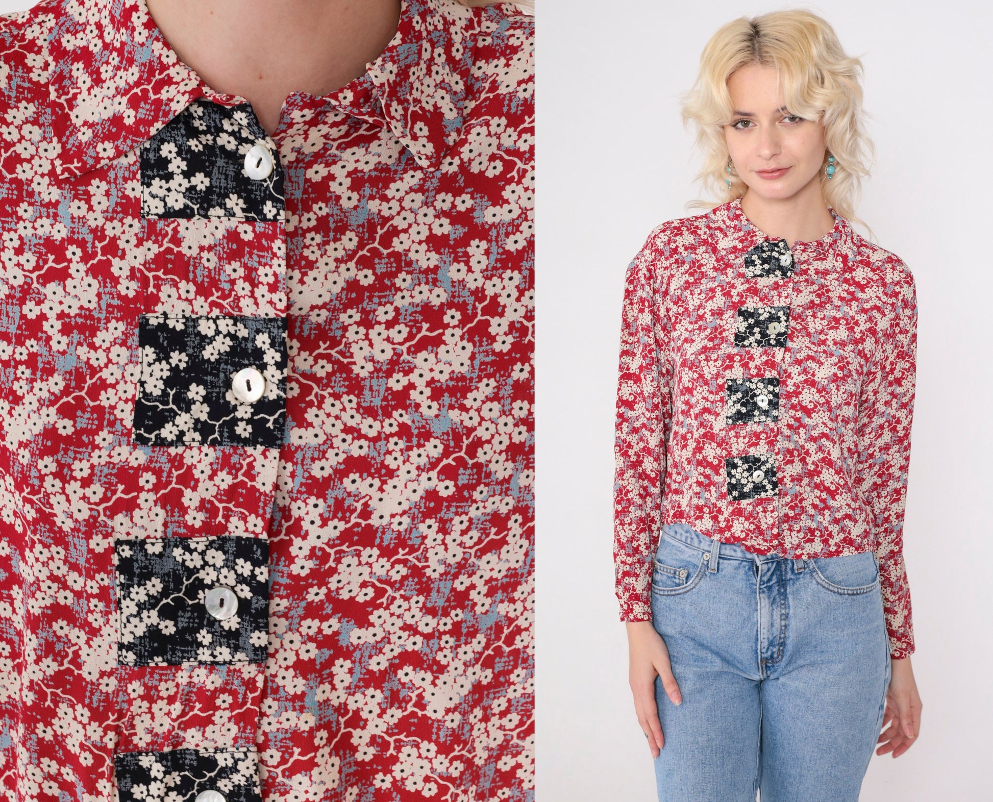 90s Red Floral Cherry Blossom Button-Up Blouse Long Sleeve Collared Small