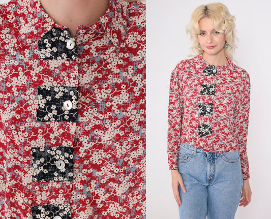 90s Red Floral Cherry Blossom Button-Up Blouse Long Sleeve Collared Small