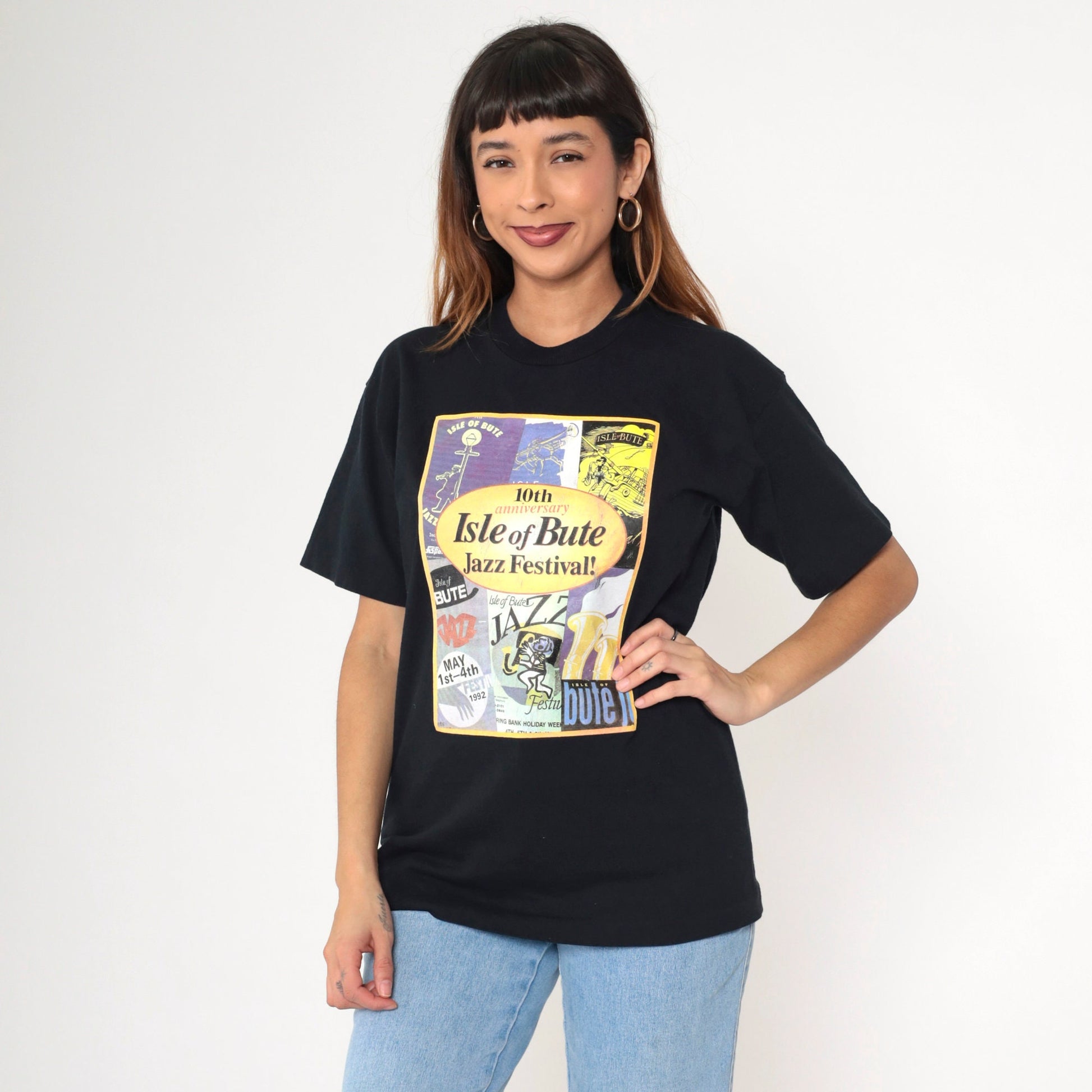 1992 Isle of Bute Jazz Festival 10th Anniversary T-Shirt Black Graphic Tee Medium