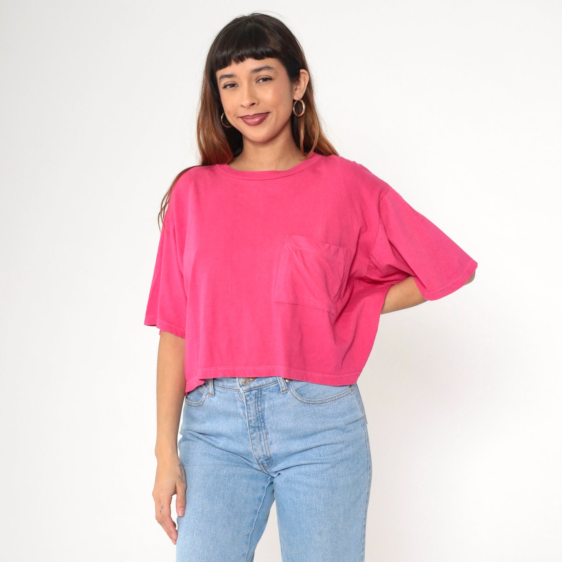 90s Energie Hot Pink Crop Top Cotton T-Shirt Pocket Tee Large L