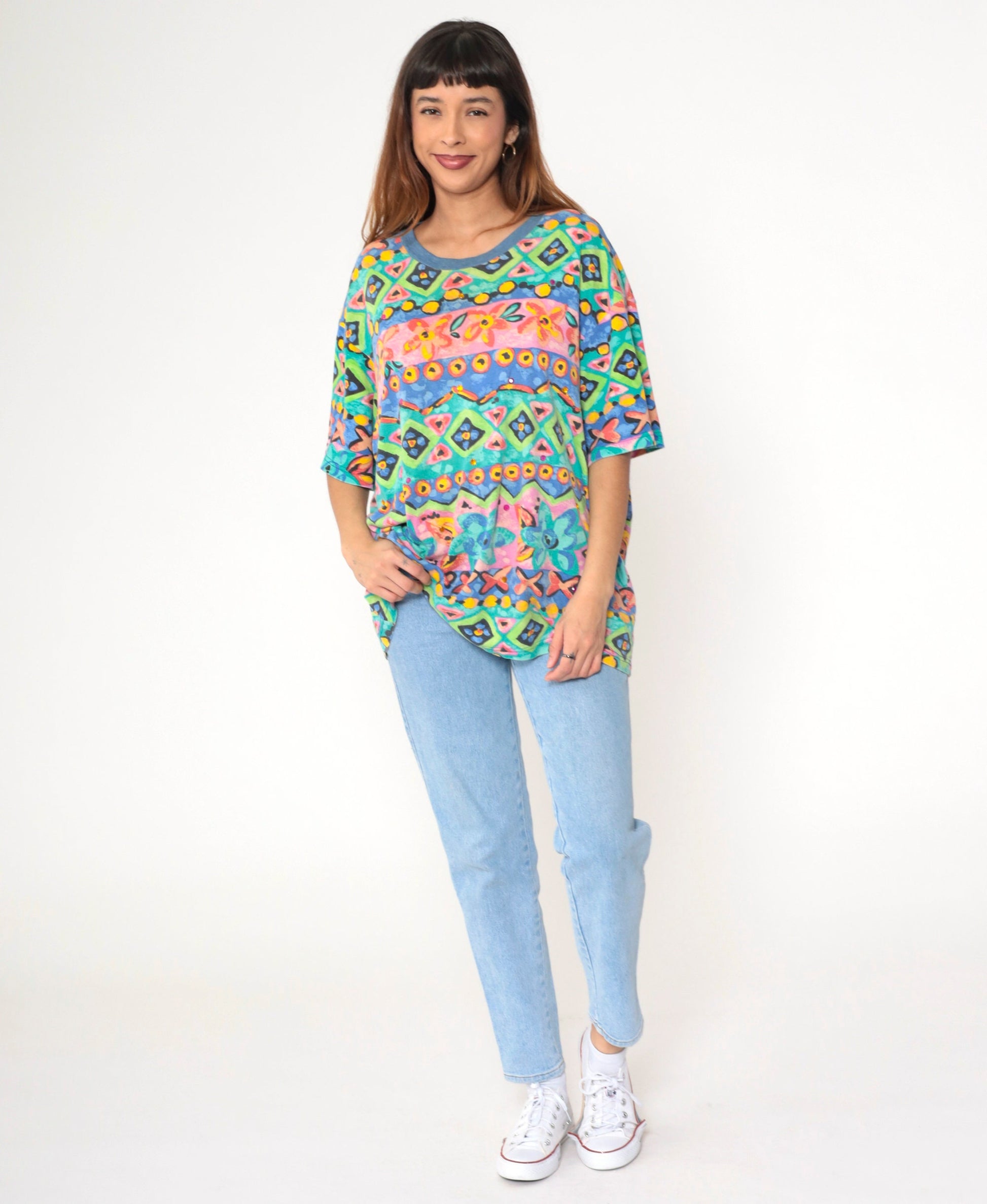 90s Geometric Floral Rhinestone T-Shirt Green Pink Blue Extra Large XL