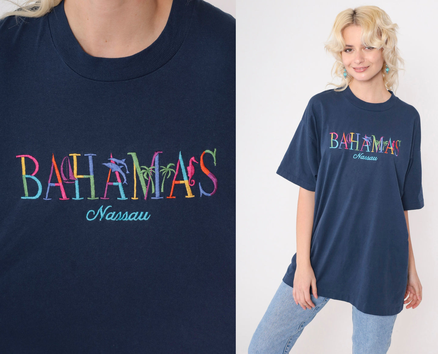 90s Nassau Bahamas Embroidered Graphic Tee Dolphin Palm Navy Extra Large