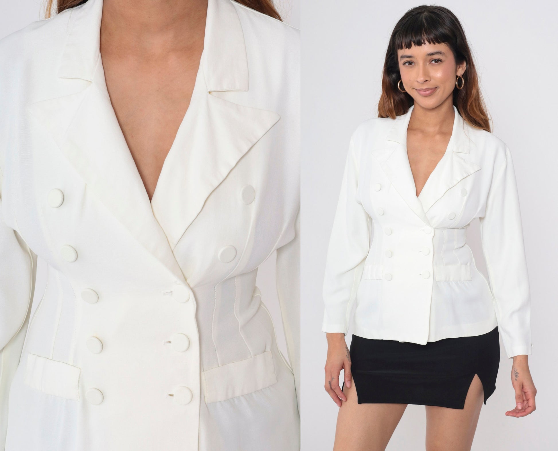 90s White Double Breasted Blazer Peak Lapel Princess Seam Small S