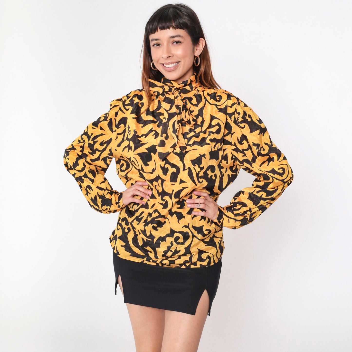 90s Anne Klein Baroque Blouse Puff Sleeve Ascot Neckline Black Gold Large 14
