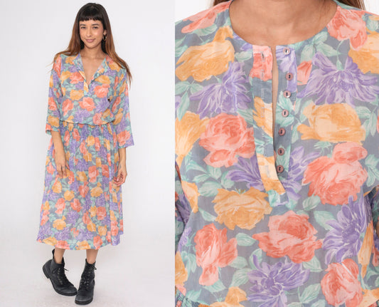 80s Starlo Fashions Floral Midi Dress Smocked Waist Henley Neckline Medium