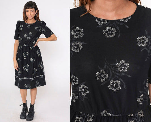 80s Black Floral Midi Dress Puff Sleeve High Waist Button Shoulder Medium