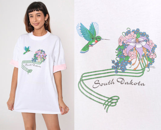 80s South Dakota Hummingbird Floral Graphic T-Shirt White Cotton Extra Large XL