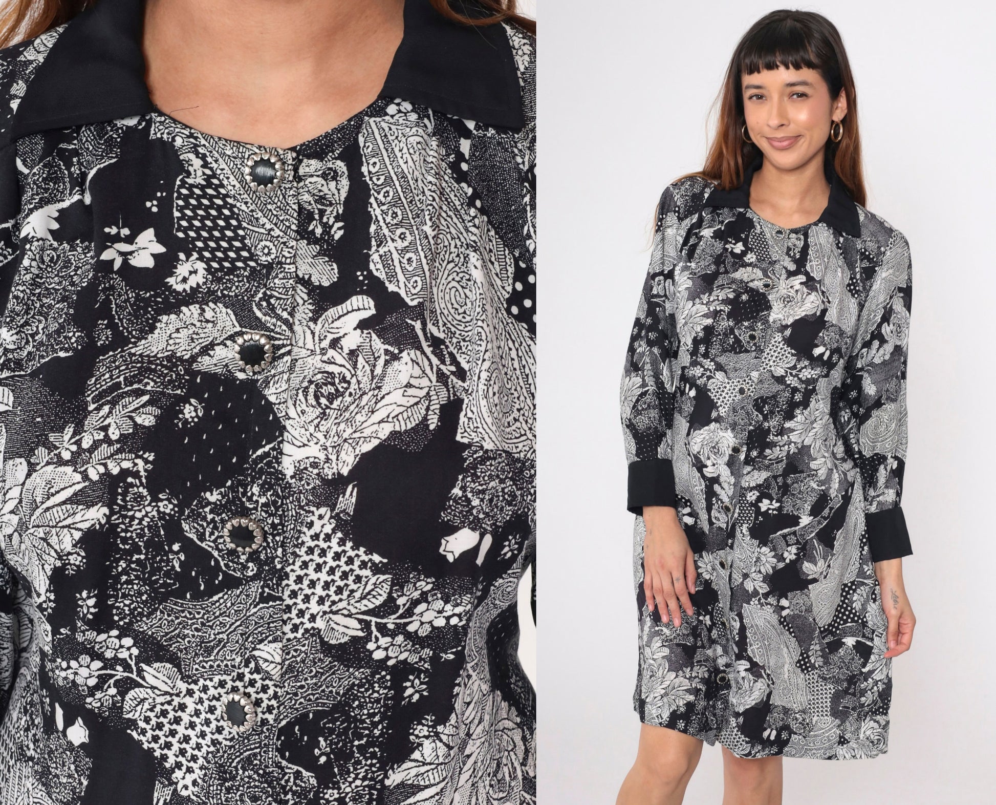 90s Patchwork Paisley Floral Mini Dress Black White Button Up Long Sleeve Medium